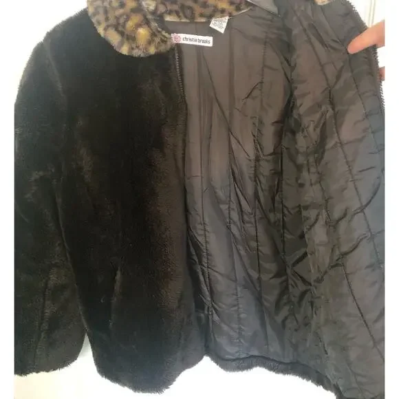 Vintage Christie Brooks Brown Faux Fur Cheetah Collar Jacket Y2K - Girl's L (14) - Picture 8 of 9